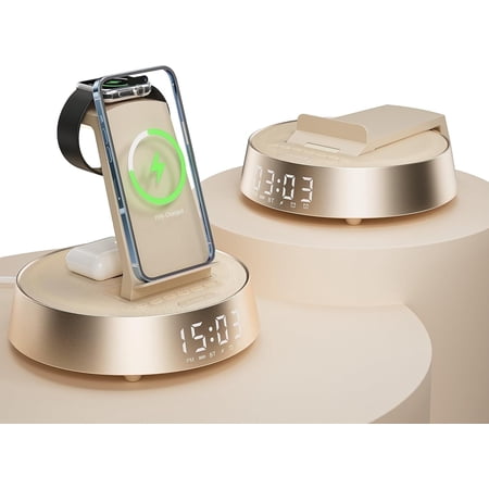 7-in-1 Wireless Charging Station Compatible with iPhone, Apple Watch, AirPods & Bluetooth Speaker Alarm Clock Dimmable Night Light