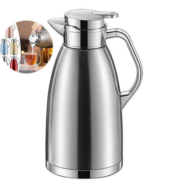 Dvruxg Stainless Steel Thermal Carafe, double-walled vacuum insulated thermos with lid, featuring a sleek silver finish. Includes a built-in filter for clean coffee, tea, or water, and a leak-proof lid and spout for spill-free pouring. Large 2.3L capacity with a heat-resistant handle for safe handling. Suitable for use as a pump pot or thermal carafe, ideal for maintaining beverage temperature for hours.