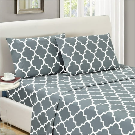 Mellanni Bed Sheet Set Twin-Gray - Brushed Microfiber Printed Bedding - Deep Pocket, Wrinkle, Fade, Stain Resistant - Hypoallergenic - 3 Piece (Twin, Quatrefoil Silver -