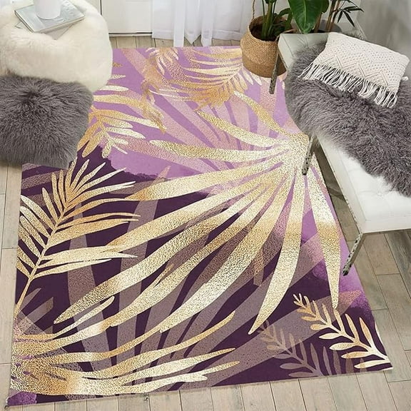 Purple Gold Pattern Area Rug, Tropical Palm Leaf Print Indoor Rugs, Non Slip Machine Washable Easy Care Carpet For Living Room Bedroom Study Apartment Home Decor 2 x 3ft