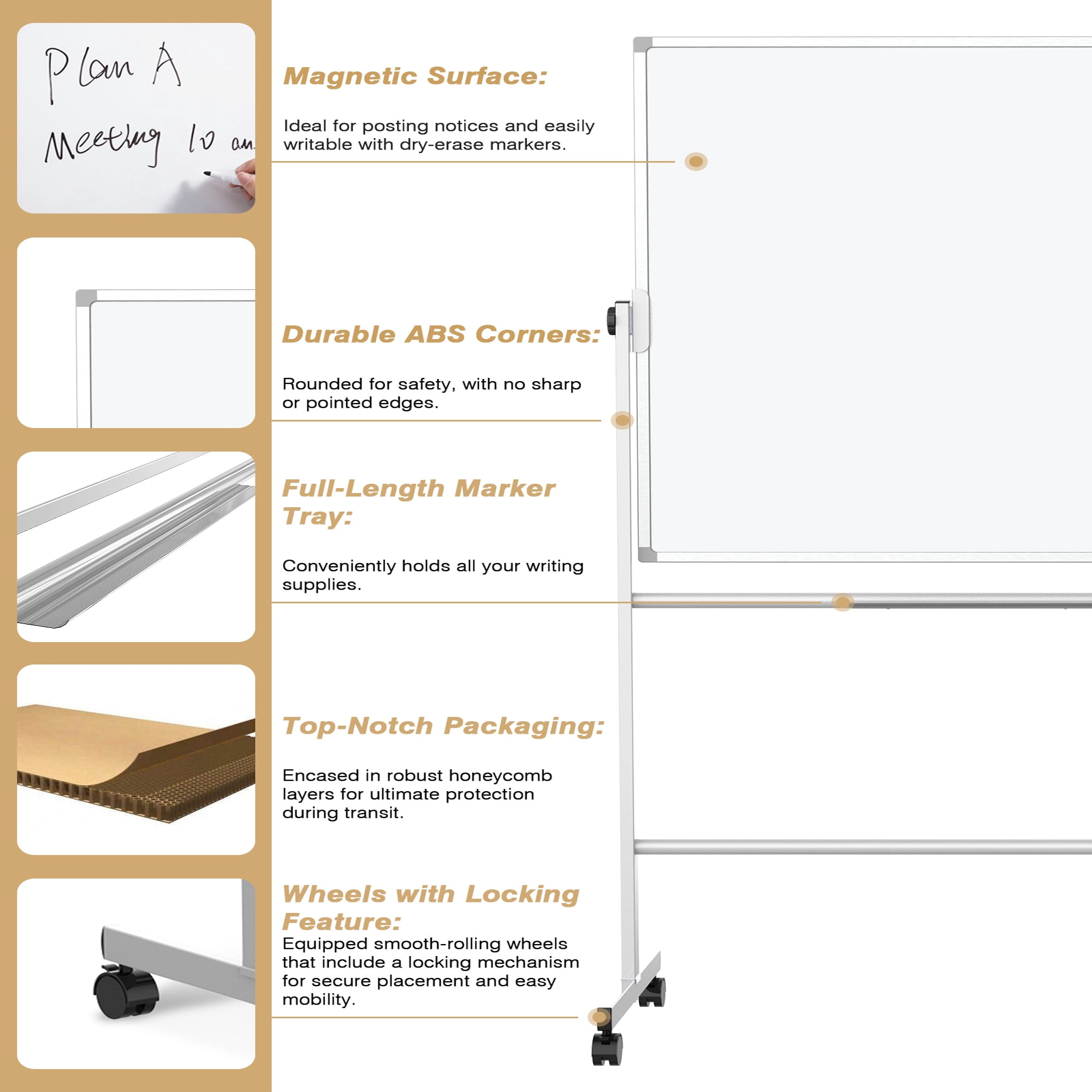 TOWON Double-Sided Mobile Whiteboard - 48"x36" Large Height Adjustable Magnetic Dry Erase Board on Wheels, 360° Rolling Office White Board Pizarra - Sliver