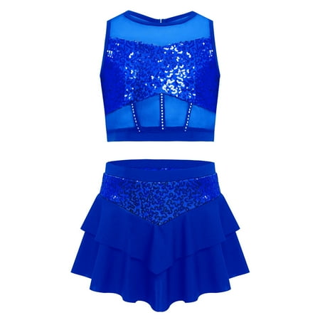 Aiihoo Kids Girls Sequin Jazz Latin Dance Dress Sleeveless Crop Top with Skirt 2 Piece Ballet Lyrical Dance Outfit Royal Blue 8
