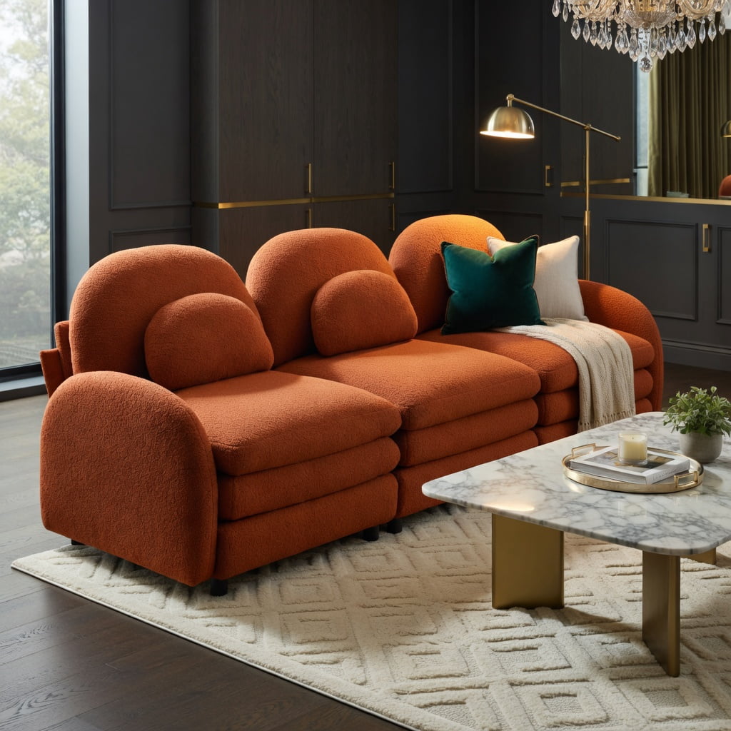 Hommoo Teddy Fleece Modular 4-Seat Sofa, Cloud-Like Softness, Curved Backrest & Armrest, Double-Layer Cushioning with Lumbar Support, Orange
