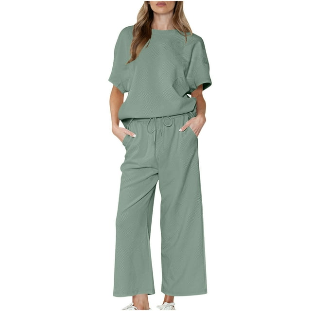 Yuyuzo Ensemble 2 Pcs pour Femmes Survêtement 2024 T-Shirt à Manches Courtes Col Ras du Cou Pantalon de Survêtement à Jambe Grand Ensemble Détente Survêtement
