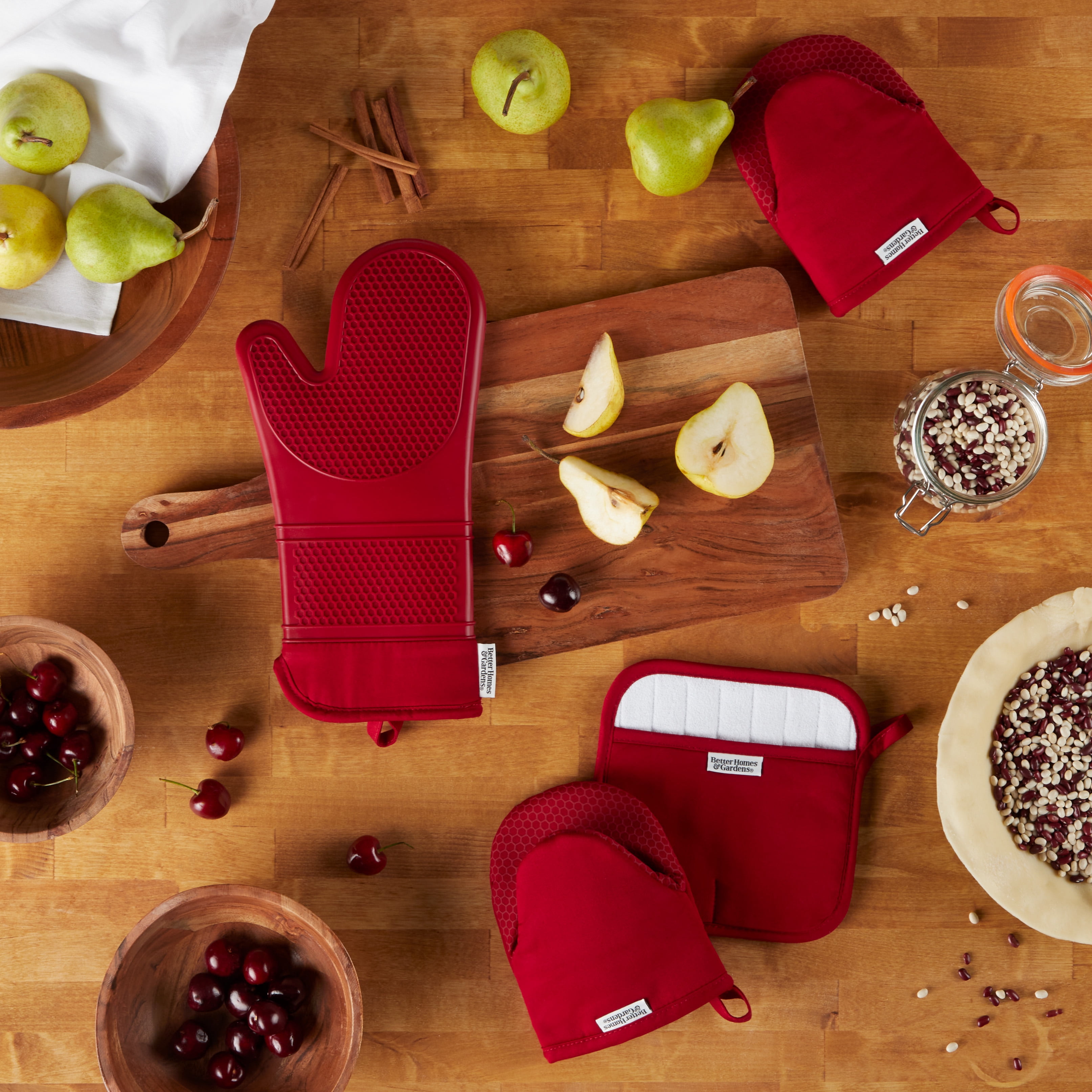 Better Homes & Gardens Honeycomb Silicone and Cotton Oven Mitt, Pot Holder, Mini Mitt Set, Rusty Brick, 4 Pieces
