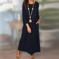thumbnail image 2 of VSSSJ Womens 3/4 Sleeve Button Front Cotton Linen Dresses Summer Loose Solid Color Casual Crew Neck Pockets Flowy Long Maxi Dress Dark Blue S, 2 of 6