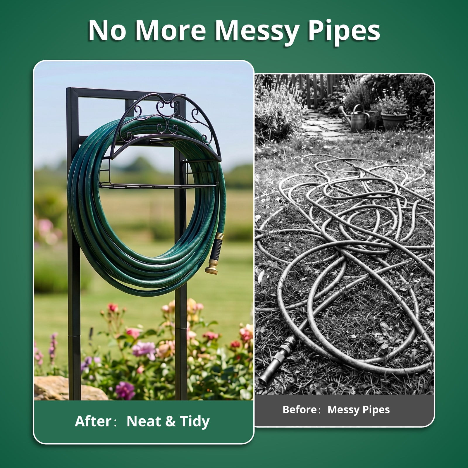 Garden Hose Holder, Water Hose Holder Stand with Storage Basket, Heavy Duty Freestanding Garden Hose Hanger Storage Rack with 4 Spikes for Outside Yard Lawn Farm, Black