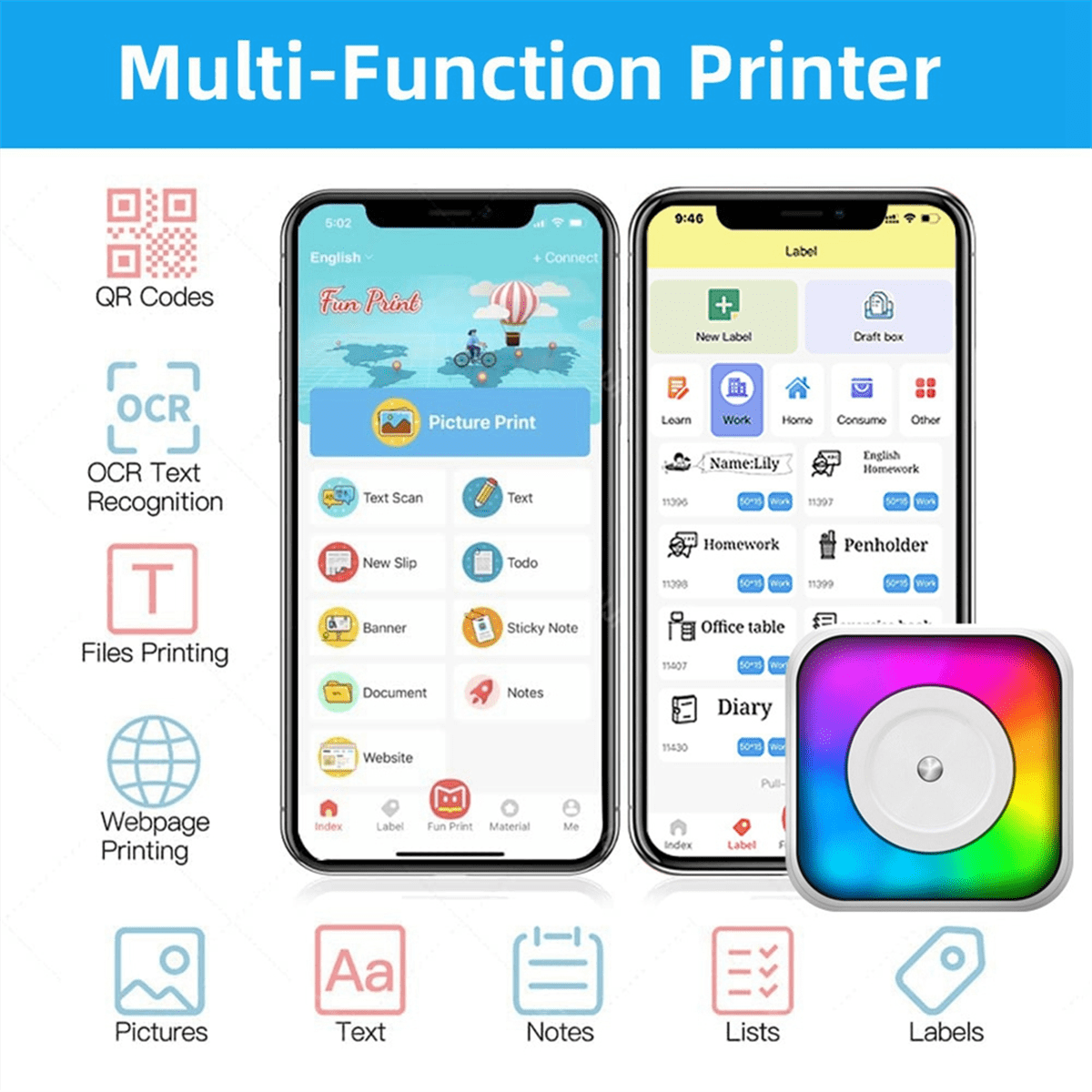 Mini LED Light Printer Pocket Thermal Paper Label Adhesive Webpage Picture Printing Bluetooth Wireless Type-C