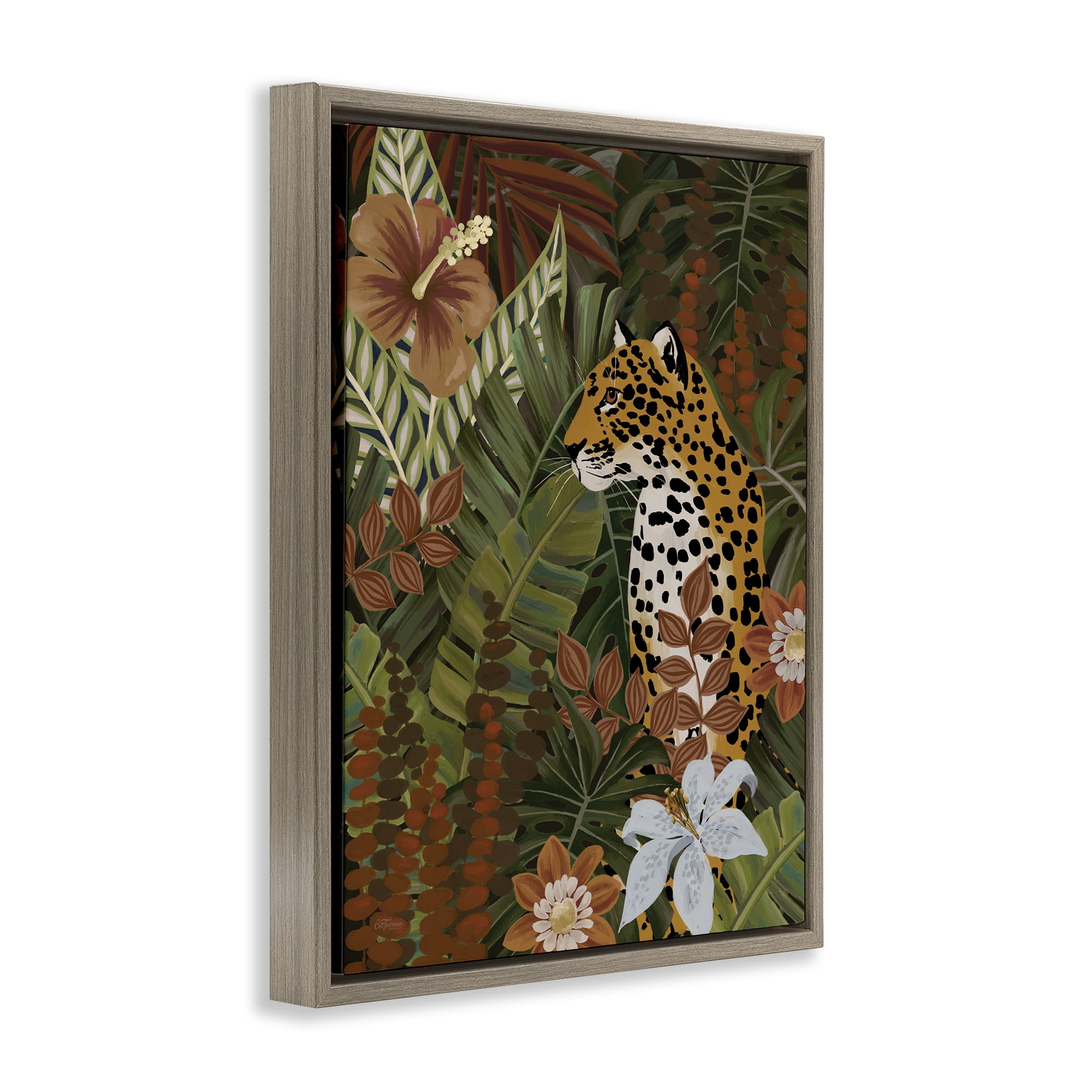 Stupell Industries Hibiscus Jungle Leopard Animals Painting Brown Floater Framed Canvas Art Print Wall Art, 25 x 31
