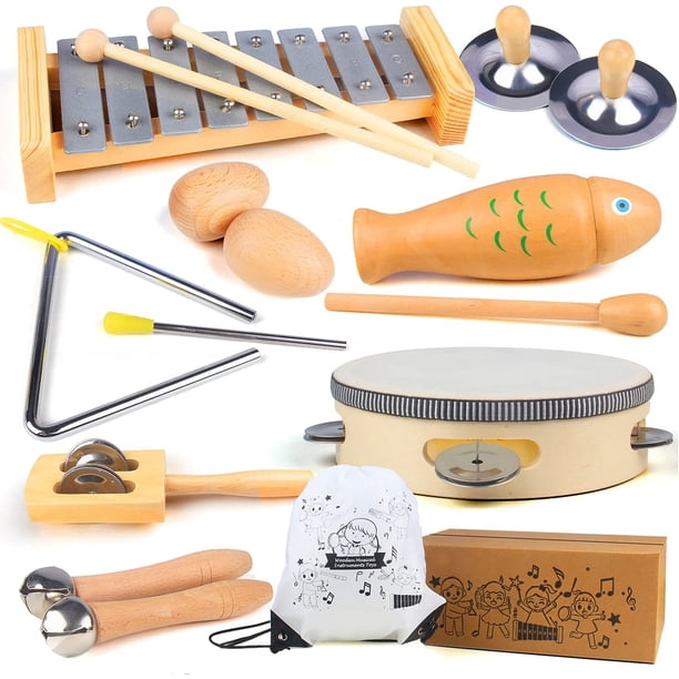 Set De 10 Instrumentos Musicales De Percusión De Madera De Haya Y Acero – Xilófono, Tambor Y Más, Juguete Educativo Para Estimular Sentidos Y Creatividad, Ideal Para Guarderías Y Hogar