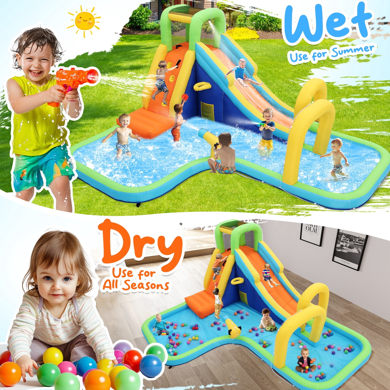 Funcid Inflatable Water Slide Bounce House for Kids, Dual Slides & Double Splash Pools, Ring Toss & Water Cannon, Arch & Overhead Sprinkler, Indoor Outdoor Play