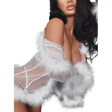 

Women Lingerie Mesh Sheer See Through Long Flare Sleeve Feather Dress Sleepwear Babydolls Robe Covers Nightgown Erotic Underwear