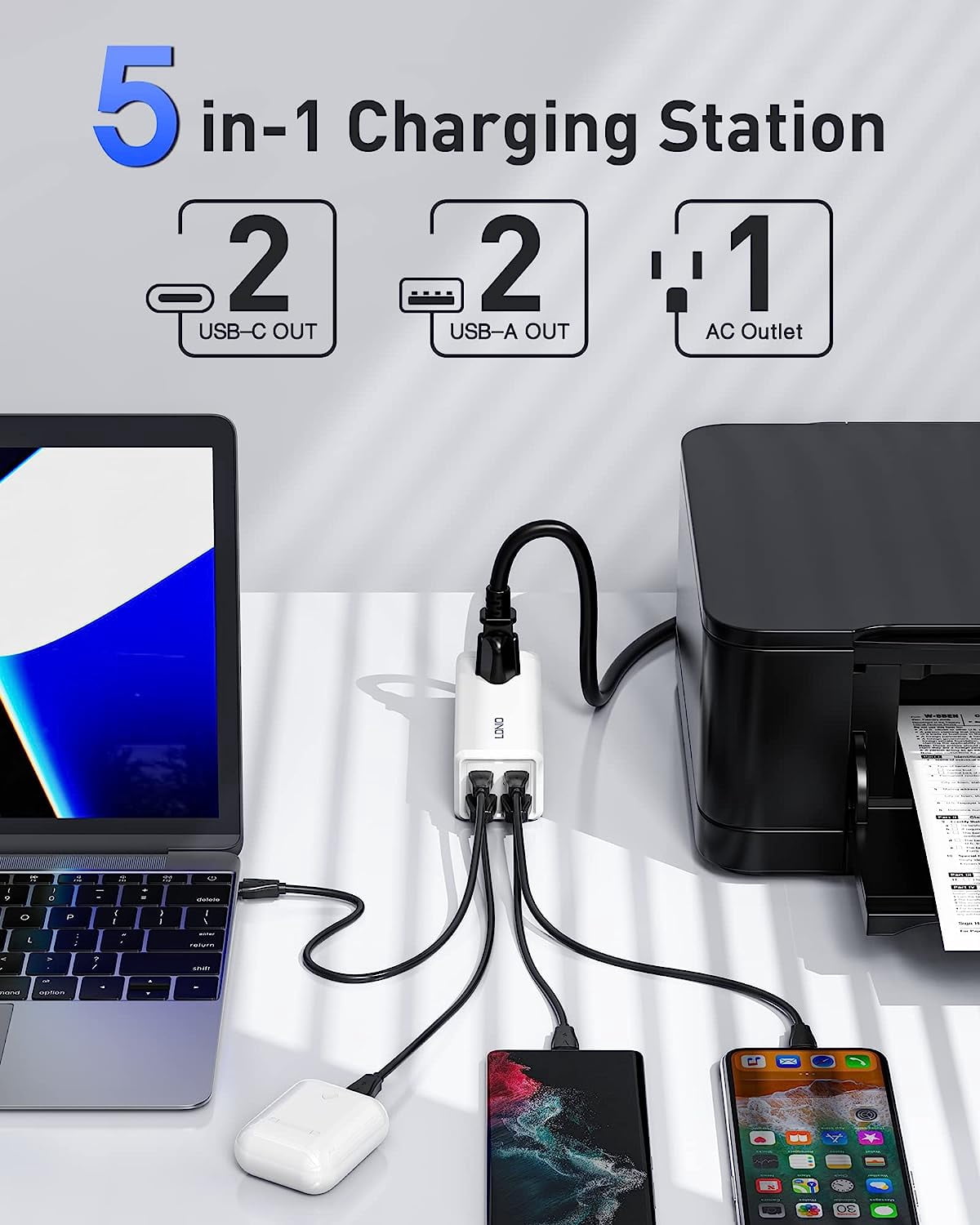 USB C Charger 65W GaN Charger 5-in-1 USB C Charging Station with AC Outlet Extender, 2USB-C, 2USB, Fast Charger USB C Power Strip for MacBook, Laptops, iPad, iPhone, Galaxy, Steam Deck and More
