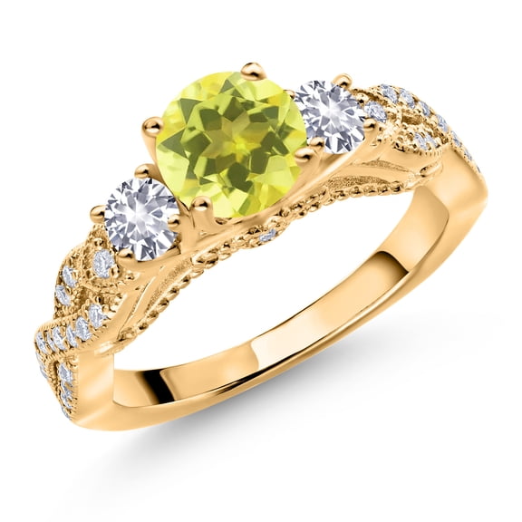 Gem Stone King 18K Yellow Gold Plated Silver Canary Mystic Topaz White Created Sapphire and White Moissanite Engagement Ring for Women (1.53 Cttw, Gemstone, Round 6MM and 3MM, Size 5)