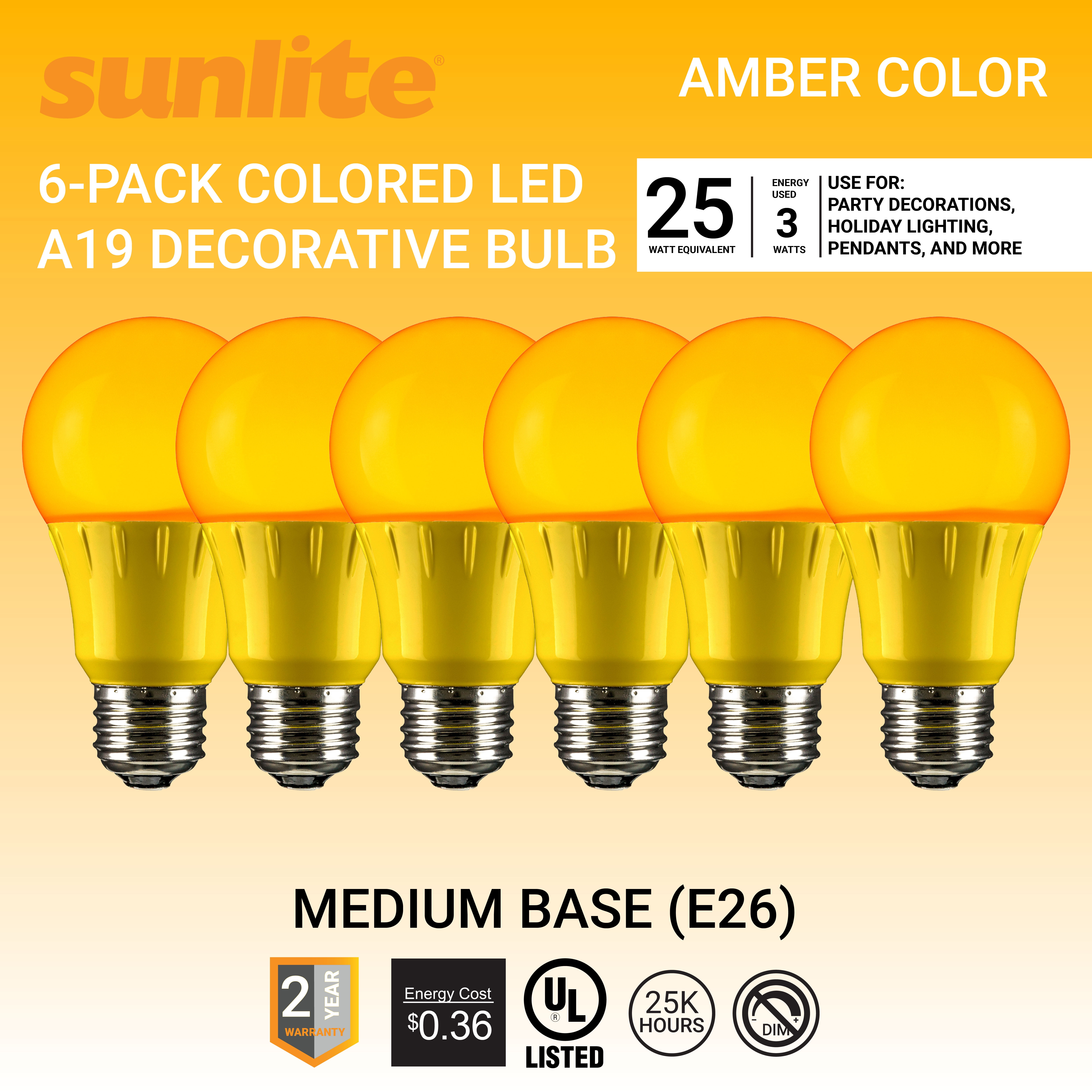 sædvanligt nudler Forretningsmand Sunlite LED A19 Colored Light Bulb, 3 Watts (25w Equivalent), E26 Medium  Base, Non-Dimmable, UL Listed, Party Decoration, Holiday Lighting, Orange,  6 Pack - Walmart.com