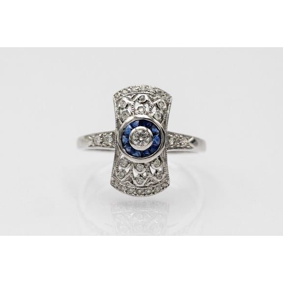 Blue Sapphire Halo Diamond Engagement Ring, Women's Art Deco Diamond Ring, Bezel Set Diamond Ring, Solitaire With Accents Ring, Vintage Dinner Ring, 2.3 Ct Simulated Diamond, 925 Sterling Silver