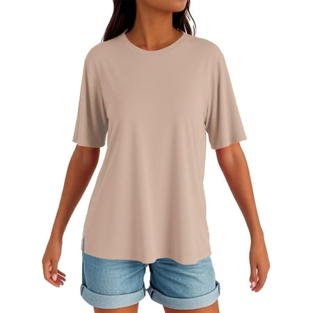 Womens Summer Tops  Casual Short Sleeve Soild Color Round Neck Top Comfort Colors Tshirt Tops Basic Long Sleeves For Women V Tops Built In Bra Tank Tops Green Tops Corset (3XL  Khaki) ZMTing