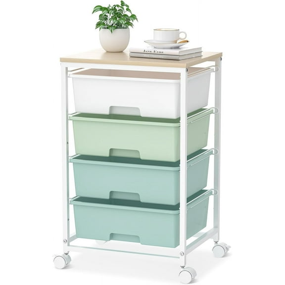 Utility Cart with 4 Drawers,Rolling Storage Cart with Drawers,Storage Rolling Drawer Cart with Wooden Tabletop for Bedroom,Kid's Room,Dorm,Classroom,Office,Green