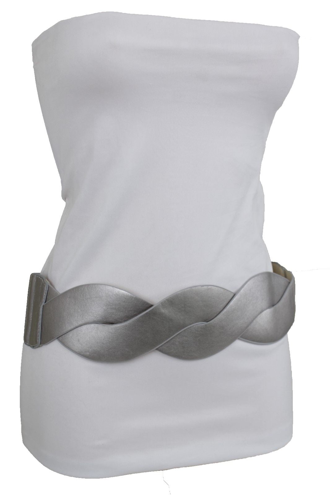 Women Silver Wide Belt Elastic Waistband Twisted Braided Faux Leather