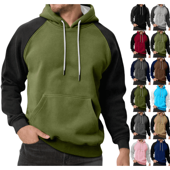 Men Winter Raglan Color Block Hoodie Long Sleeve Pullover Contrast Sleeve Solid Street Sweatshirts with Pocket (Green,3XL)
