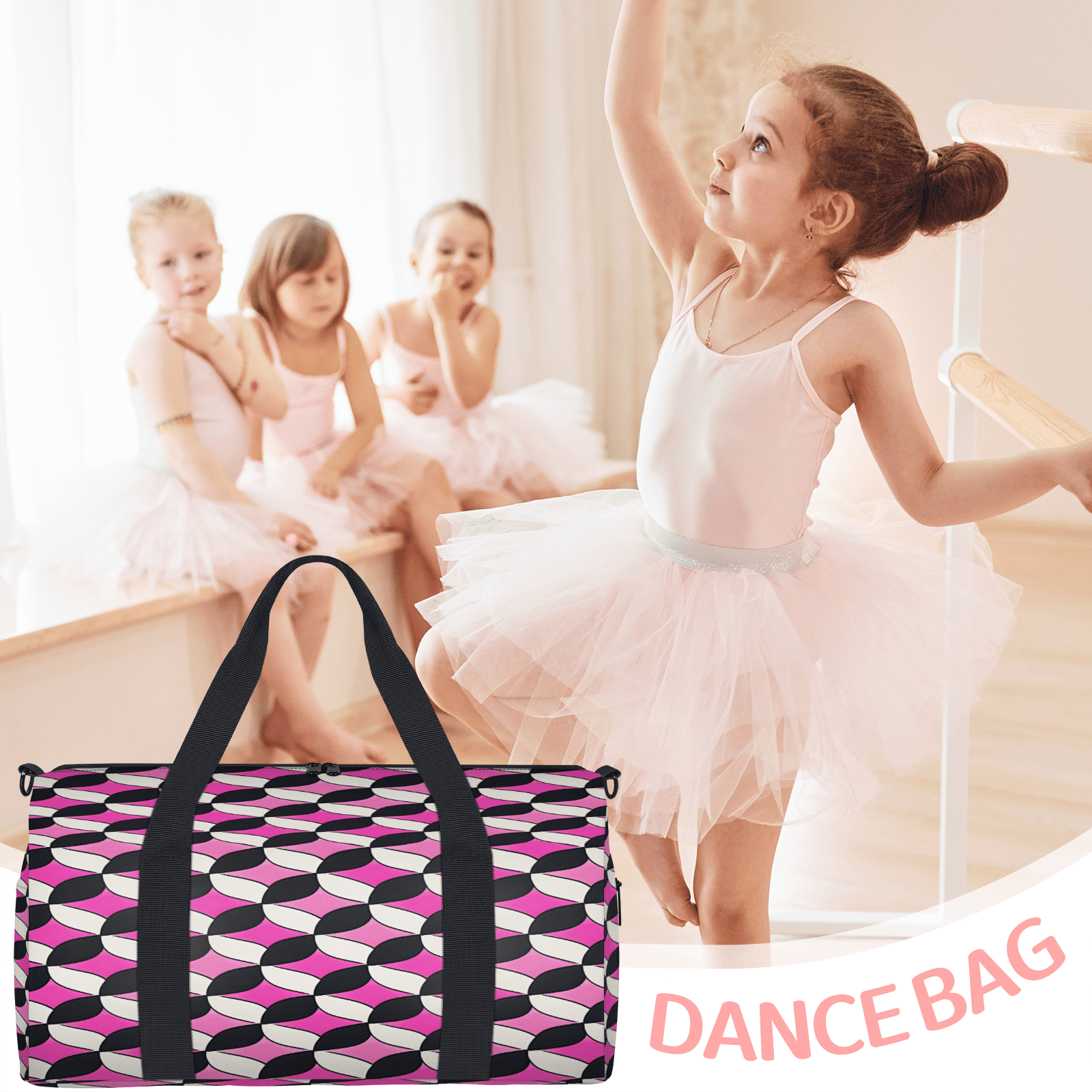 Herdesigns Pink and Black Travel Duffle Bag Sports Yoga Weekender Overnight Carry on Workout Bags Lightweight Waterproof Gym Tote Bag for Women Geometric
