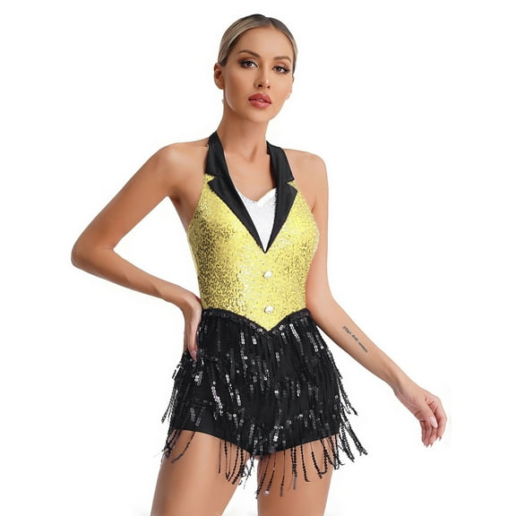 Miutii Women Girls Jazz Hip Hop Dance Costume Sequins Tassel Latin Dance Leotard Performance Costume Yellow L