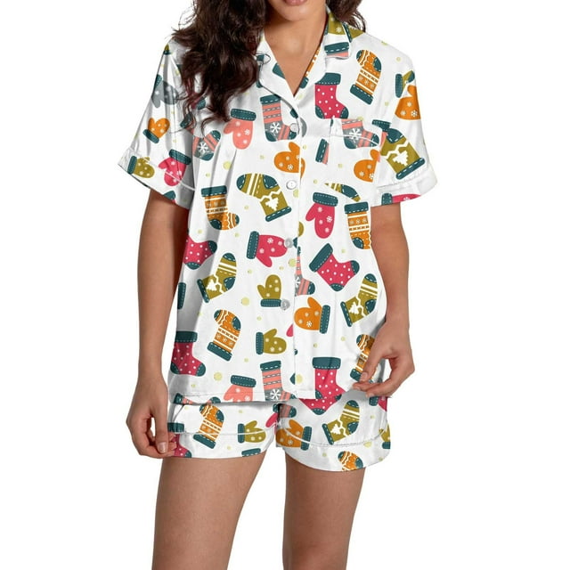 Pyjama pour Femmes en Satin de Soie à Imprimé Graphique, Mignon, Tenue de Nuit, Boutons, Hauts à Manches Courtes, Ensembles de Shorts
