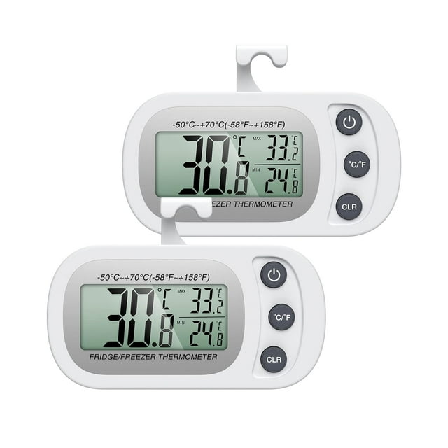 Upgraded AMIR Refrigerator Thermometer, Waterproof Mini Freezer Thermometer, Digital Thermometer with Hook, LCD Display, ℃/℉ Switch + Max/Min Record, for Kitchen, Home, Restaurants, White, 2 Pack