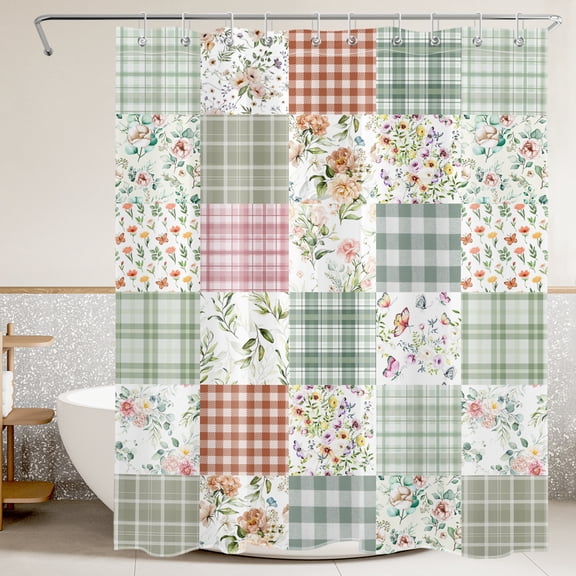 HVEST Patchwork Plaid Floral Shower Curtain, Sage Green Flower Shower Curtain - Retro Checkered Wildflower Bathroom Decor, Waterproof Polyester Fabric, Includes 10 Hooks, 60x72 Inches