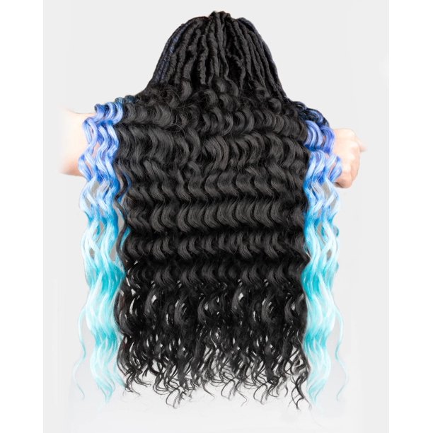 Extensiones De Cabello Sintético De 24.0 In, Color Negro Natural + Ombre, Azul Oscuro A Azul Claro, 112 Hebras, Trenzas Suaves De Diosa Con Extremos Rizados Largos Y Profundos (24 Pulgadas -8 Paquetes