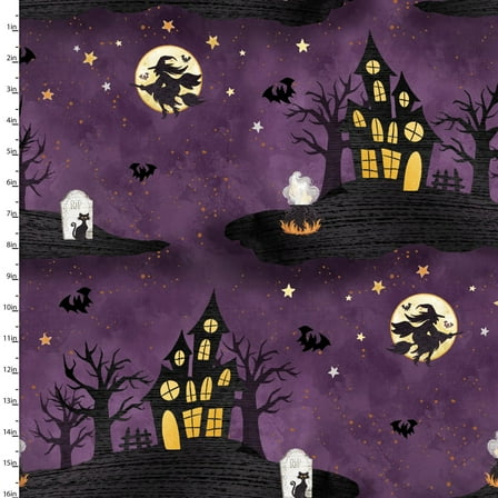 3 Wishes Boo Y'All Haunted House Purple Cotton Fabric By Yard
