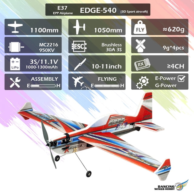 Hobby de Alas de Baile remoto E37 Edge 540 1100 mm ENVERSO EPP CONTROL SPORT SPORT Kit de Avión/ Kit+Combo de Potencia - Kit+Motor+Prop+Servo+ESC