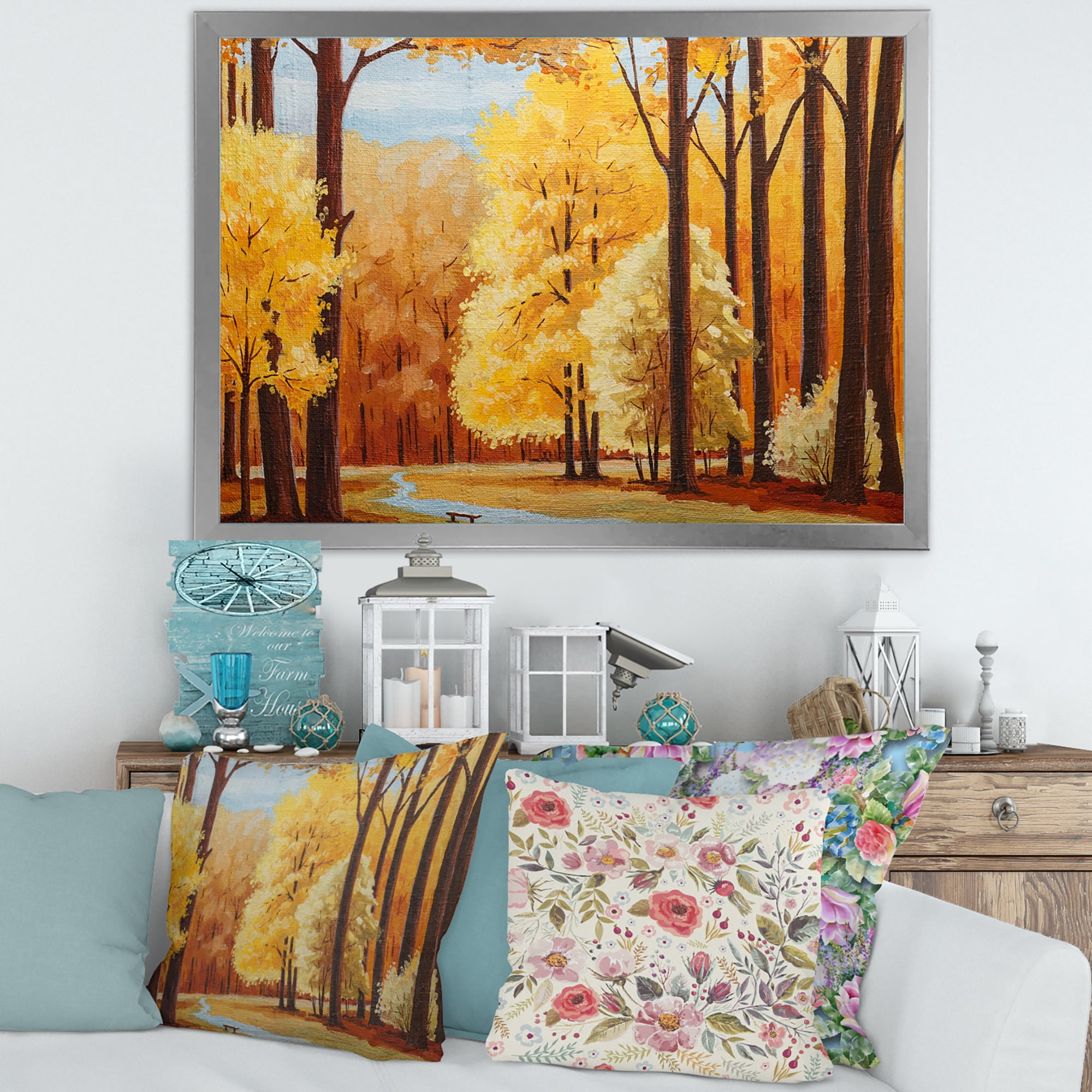 Designart 'Orange Autumn Trees At Sunrise' Farmhouse Framed Art Print