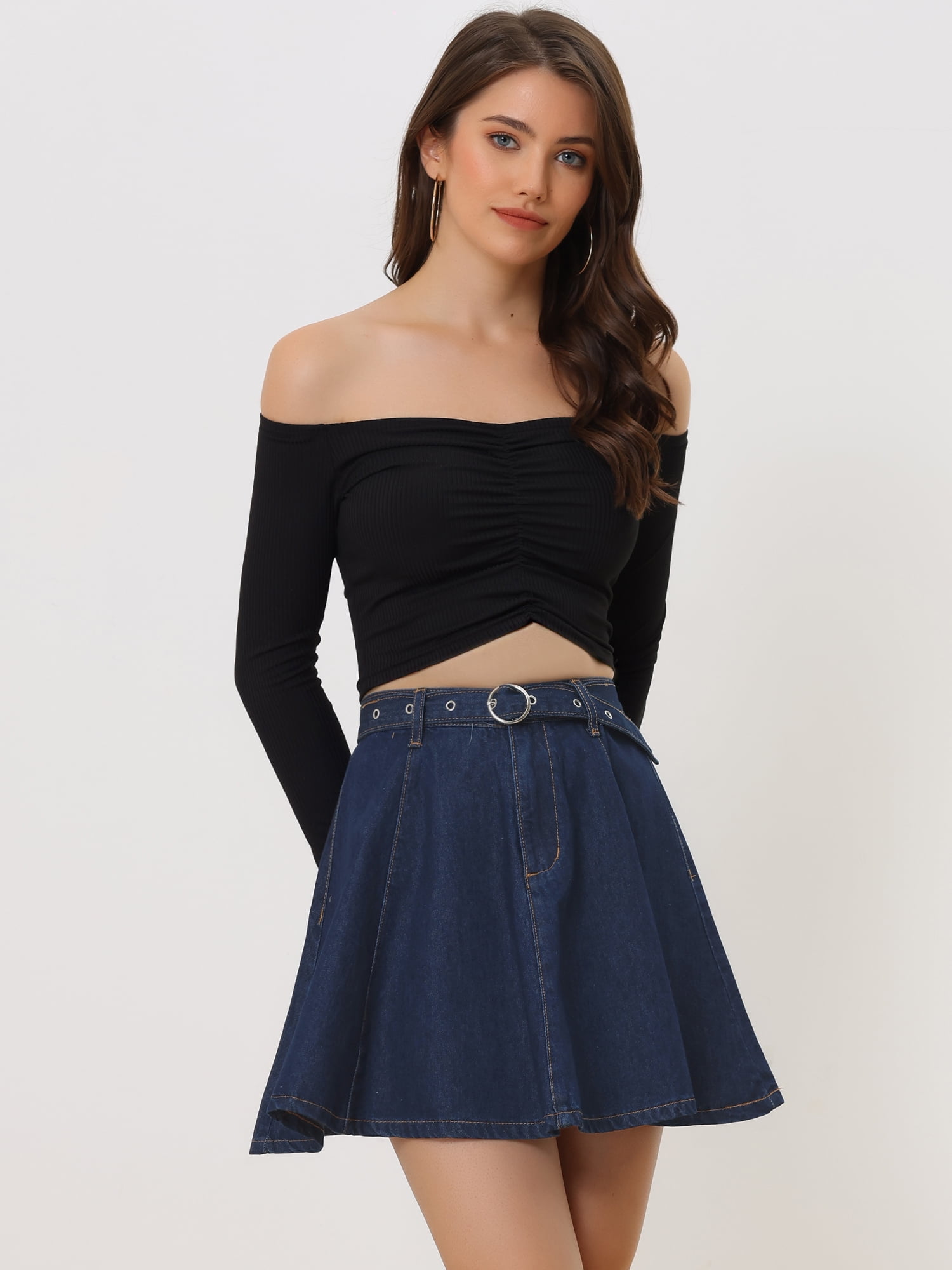 DARING DIVA Women's Denim Skirt A-Line Flared Mini Jean Skirt M Dark Blue