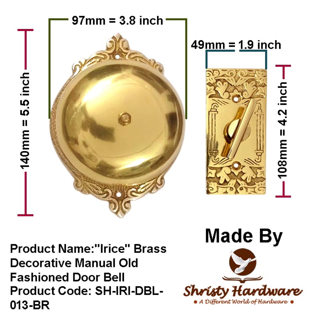 Shristy Hardware "Irice" Brass Manual Old Fashioned Door Bell – Vintage Twist Bell with Key Plate – Mechanical Doorbell for Home – PT-2 (Pack of 1 Polished Lacquered Finish)