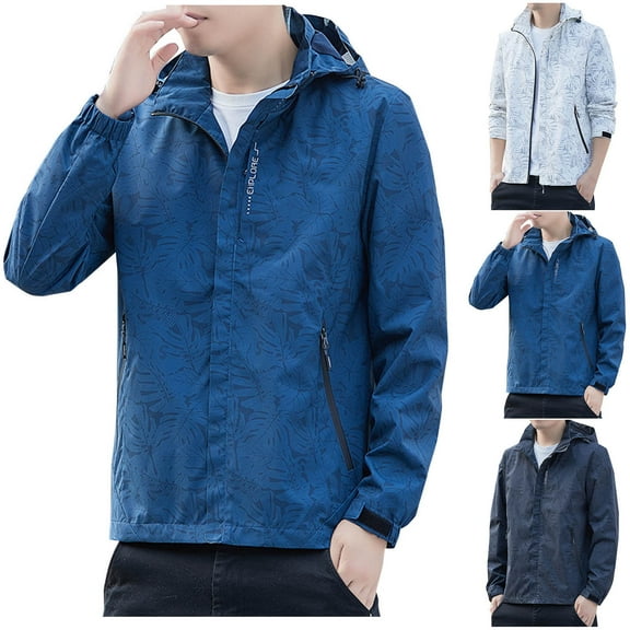 USSUMA Men Jackets Waterproof Mens Windproof Jacket Long Sleeved Hooded Full Zipper Pocket Coat Stylish Solid Color Loose Outerwear Sports Fall Top