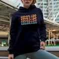 thumbnail image 2 of Colorado, US State Themed, Groovy Retro Wavy Text Merch Gift, Navy Blue Hooded Sweatshirt or Hoodie, Small, 2 of 5