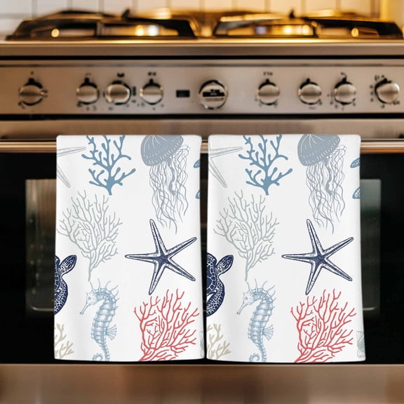 Blue Red Coastal Kitchen Towels Set of 1, Nautical Summer Beach Coral Sea Turtle Absorbent Dish Towels for Kitchen, Microfiber Hand Towel, Quick Drying Tea Towel for Cleaning Decorative Dishcloths