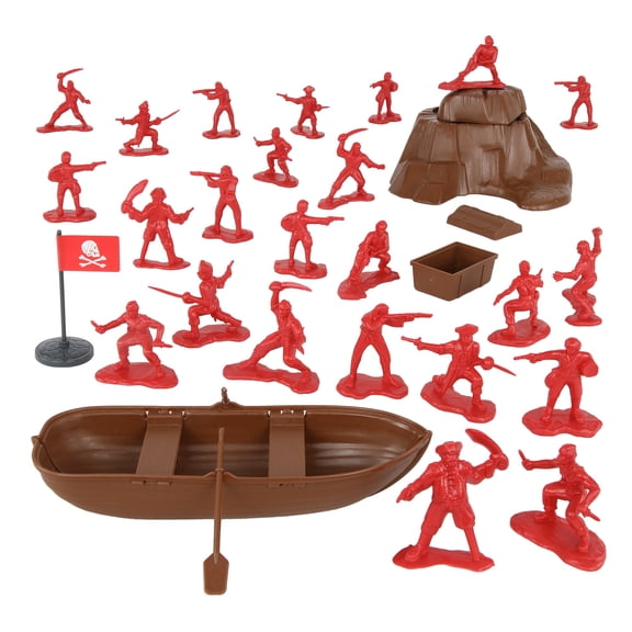 Tim Mee Pirates of Treasure Island - Red 28pc Plastic Toy Figures Boat Chest