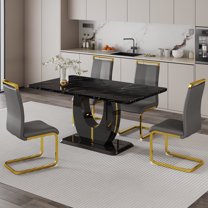 JUFU 63" Black Faux Marble Dining Table Set, Modern 5-Piece Dining Set with Gray PU Leather Chairs and Gold Metal Legs for Kitchen, Dining Room, Living Room