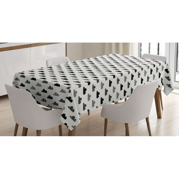 Clouds Tablecloth, Abstract Repetitive Sky Elements Soft Tones Simplistic Illustration, Rectangle Satin Table Cover Accent for Dining Room and Kitchen, 60" X 90", Charcoal Grey Off White, by Ambesonne