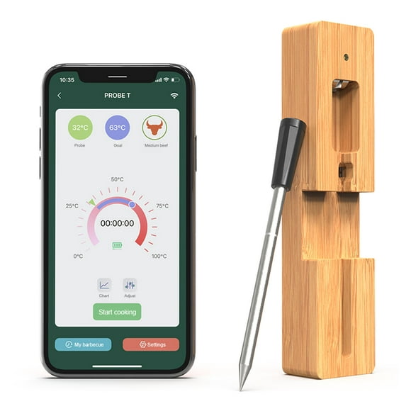 Anself Long Range Wireless Smart Meat Thermometer with  for BBQ, Oven, Grill, Kitchen, Smoker, Rotisserie | iOS & Android App, Bamboo