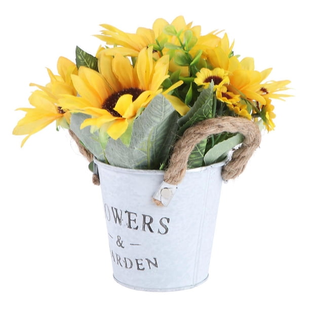 Lifelike Sunflower Bonsai Ornament in Vintage Iron Bucket Artificial Potted Plant with Rustic Charm for Home, Restaurant, and Bar Decoration