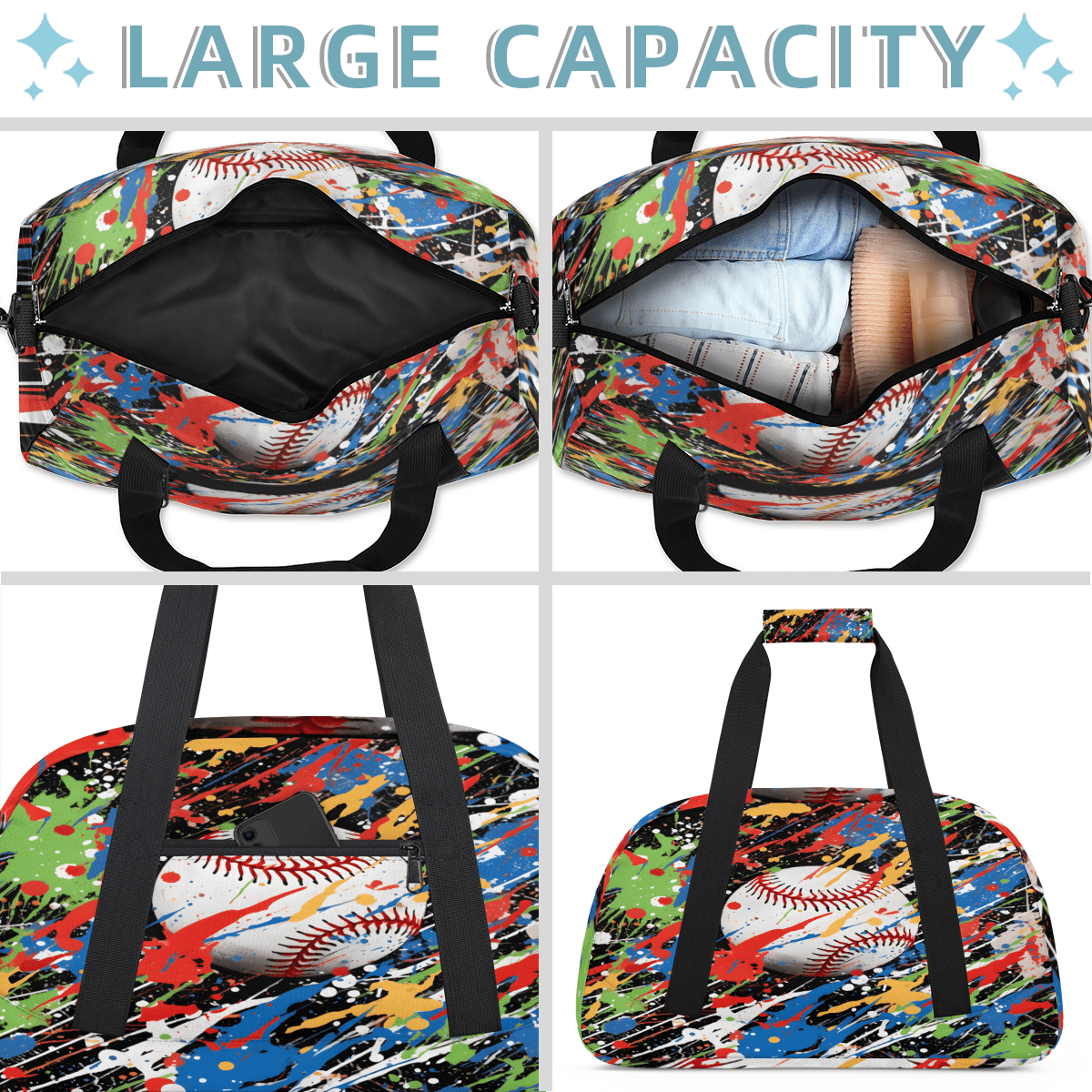 Herdesigns Graffiti Baseball Sports Duffle Bag for Women & Men, Softball Sports Gym Bag Dance Bag Overnight Bag Carry On Weekender Travel Bag