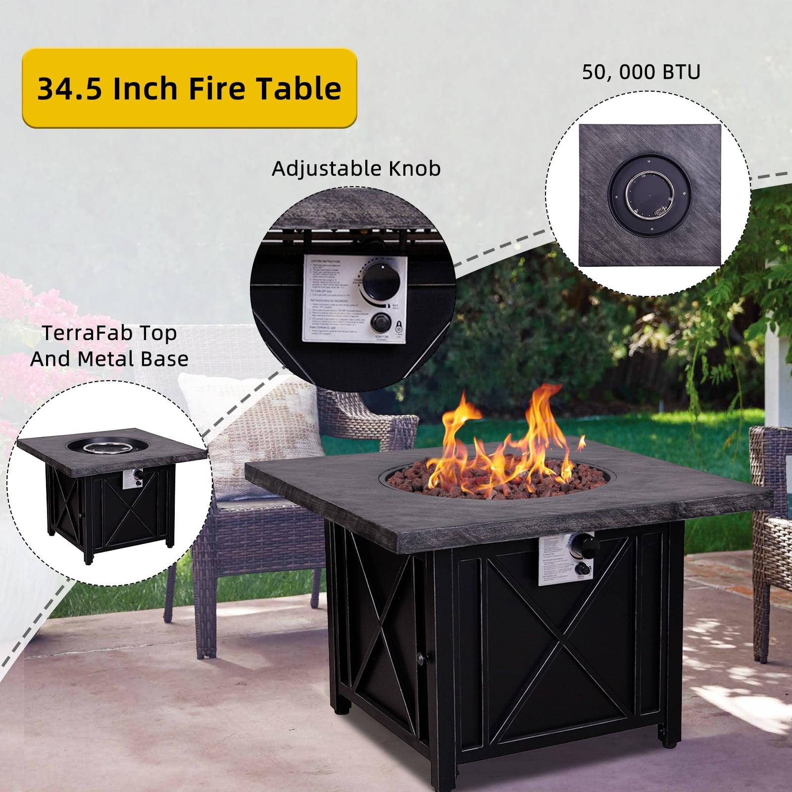 Afterglow 34.5" Propane Fire Table - Outdoor Tabletop Fire Pit for Patio, Backyard & Garden | Terra Fab Top & Steel Base | Includes Weather Resistant Cover, Lava Rocks | 40,000 BTU, CSA Certified