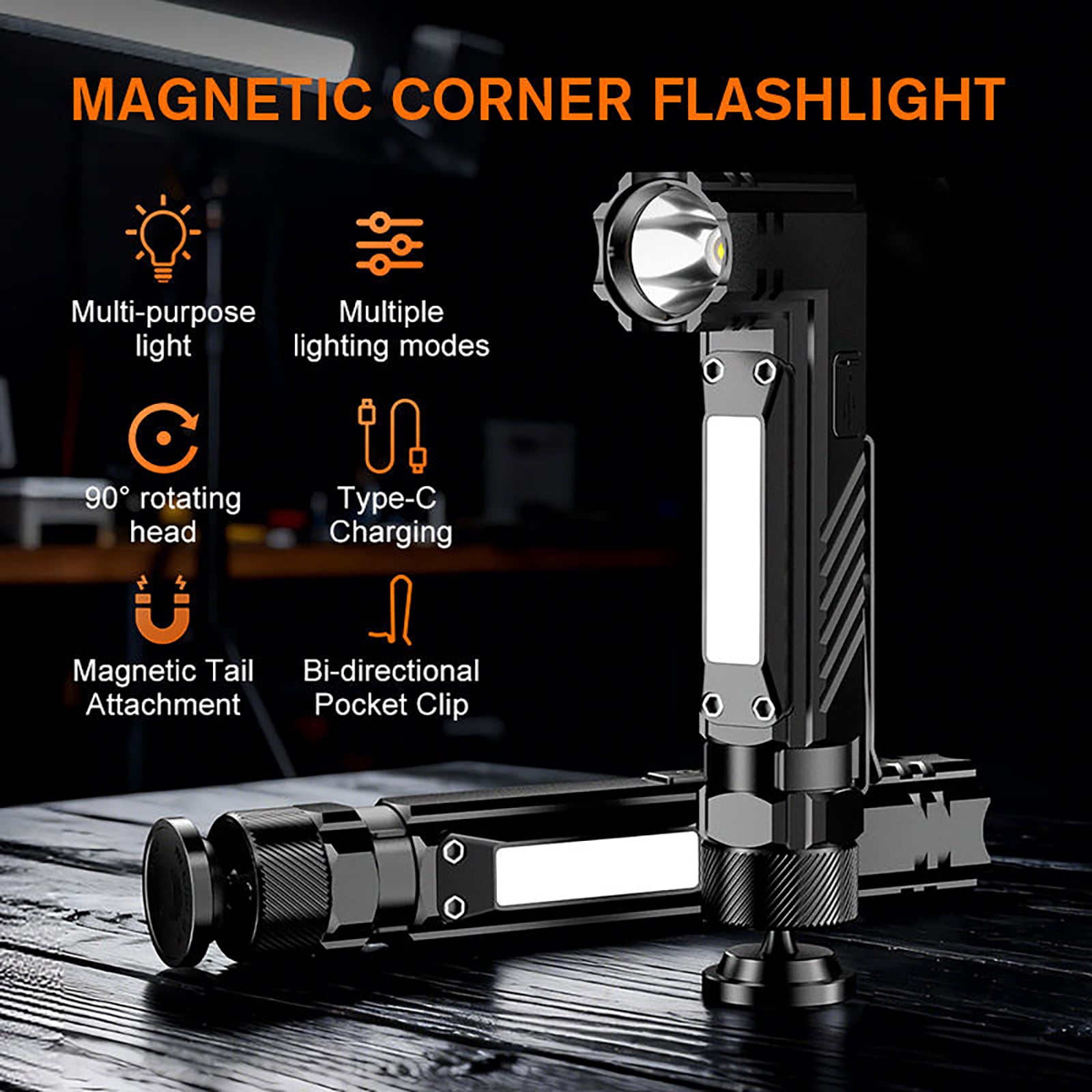 Powerful Magnetic Flashlight, High Lumen | Rechargeable, 5 Light Modes, COB Side Lights&LED Flashlight, Magnetic Adjustable Base l Pocket Clip, Waterproof Suitable for Camping, Hiking