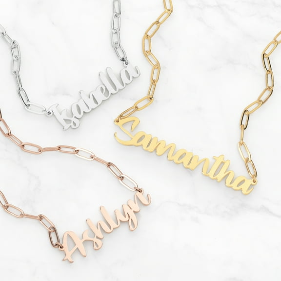 Personalized Brush Script Name Paper Clip Chain Necklace