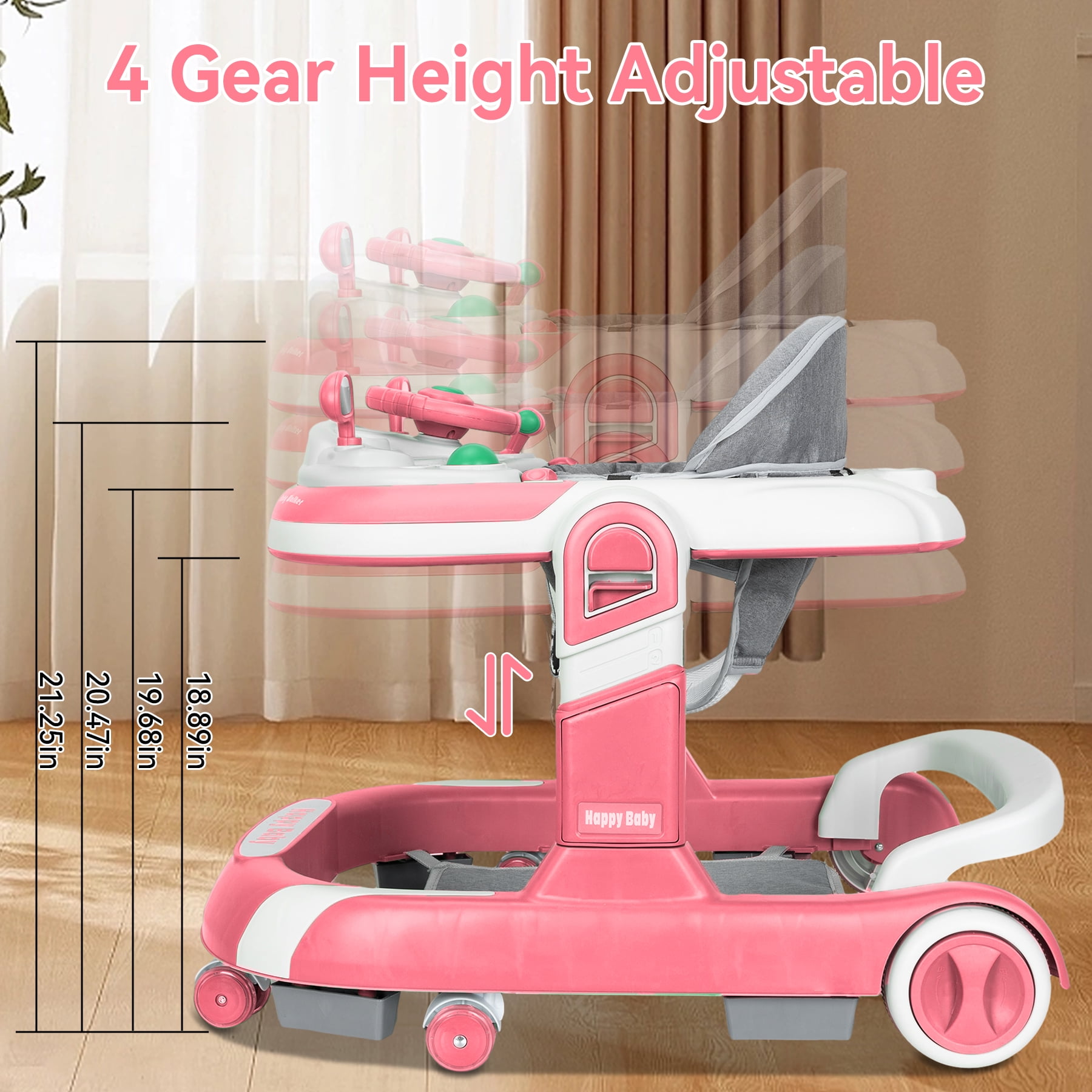 RICHYOUNG 5-in-1 Foldable Baby Walker with Wheels Music,Height-Adjustable Push Walker for Girl(Pink)