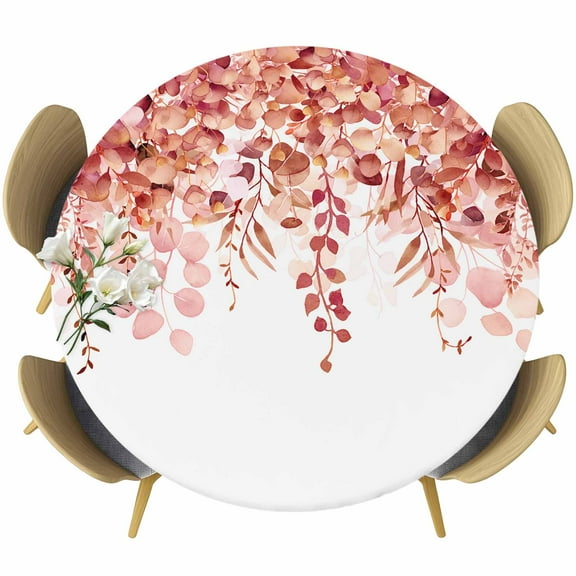 Farm Ombre Orange Pink Eucalyptus Fitted Round Tablecloths Table Covers 55"-60",Waterproof Table Cloth for Kitchen Holiday Party Tables Decor