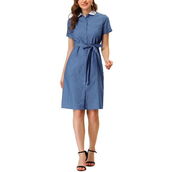 Allegra K Women's Pan Collar Button Down Belted Short Sleeve Denim Shirt Dress